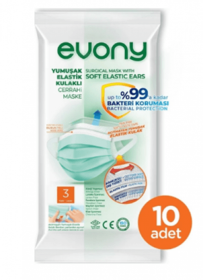 Evony Yumuşak Elastik Kulaklı Cerrahi Maske 10 adet