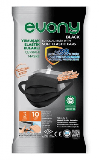 Evony Yumuşak Elastik Kulaklı Cerrahi Maske Black 10 adet
